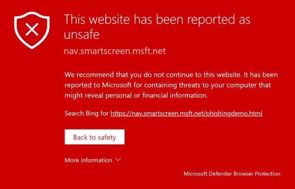Zrzut ekranu ostrzeżenia Microsoft Defender o niebezpiecznej stronie